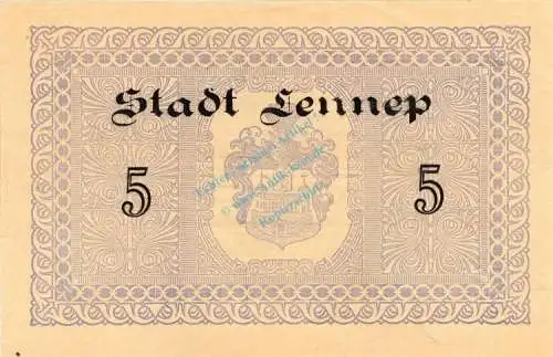 Lennep , Banknote 5 Mark Schein unc-kfr. Geiger 315.05.b , Rheinland 1918 Grossnotgeld