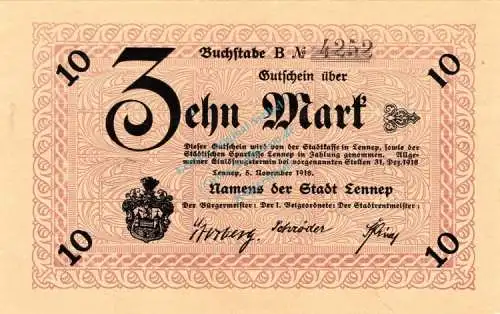 Lennep , Banknote 10 Mark Schein unc-kfr. Geiger 315.06.b , Rheinland 1918 Grossnotgeld