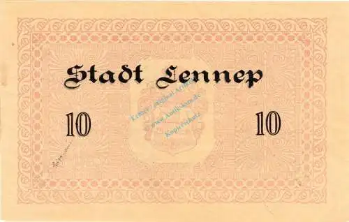 Lennep , Banknote 10 Mark Schein unc-kfr. Geiger 315.06.b , Rheinland 1918 Grossnotgeld