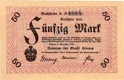 Lennep , Banknote 50 Mark Schein f-kfr. Geiger 315.09.b , Rheinland 1918 Grossnotgeld