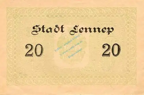 Lennep , Banknote 20 Mark Schein f-kfr. Geiger 315.08.a , Rheinland 1918 Grossnotgeld