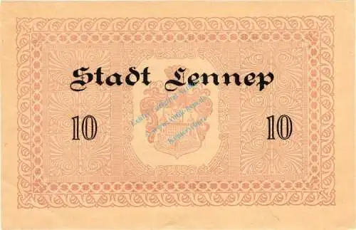 Lennep , Banknote 10 Mark Schein f-kfr. Geiger 315.06.b , Rheinland 1918 Grossnotgeld