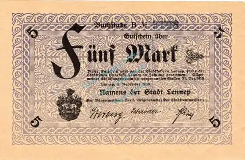 Lennep , Banknote 5 Mark Schein f-kfr. Geiger 315.05.a , Rheinland 1918 Grossnotgeld