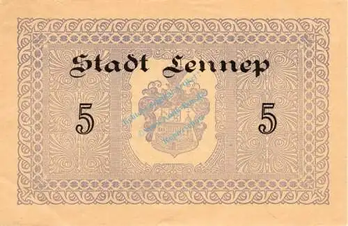 Lennep , Banknote 5 Mark Schein f-kfr. Geiger 315.05.a , Rheinland 1918 Grossnotgeld