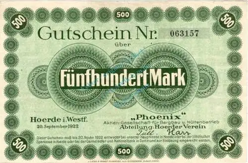 Hörde , Banknote 500 Mark Schein gbr. Topp 484.1 , Westfalen 1922 Grossnotgeld