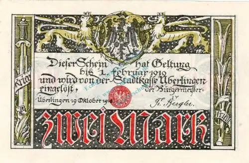 Überlingen , Banknote 2 Mark Schein in unc-kfr. Geiger 526.04 , Baden 1918 Grossnotgeld