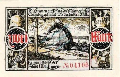 Überlingen , Banknote 2 Mark Schein in unc-kfr. Geiger 526.04 , Baden 1918 Grossnotgeld