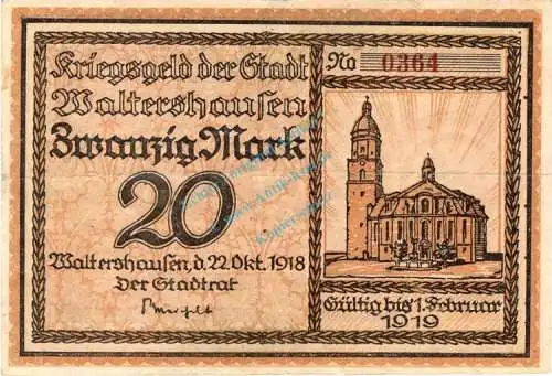 Waltershausen , Banknote 20 Mark Schein gbr. Geiger 538.02 , Sachsen 1918 Grossnotgeld