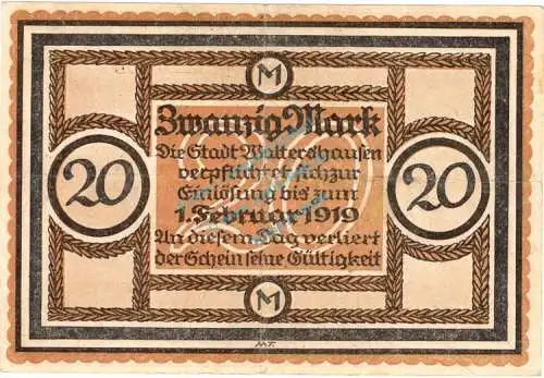 Waltershausen , Banknote 20 Mark Schein gbr. Geiger 538.02 , Sachsen 1918 Grossnotgeld