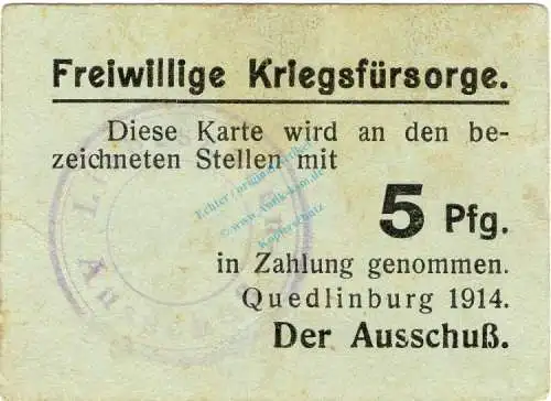 Quedlinburg , Notgeld 5 Pfennig Schein unc-kfr. Ti.5835.05.05 , Sachsen 1914 Verkehrsausgabe