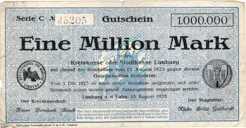 Limburg , Banknote 1 Million Mark Schein gbr. Keller 3278.e , Hessen 1923 Inflation