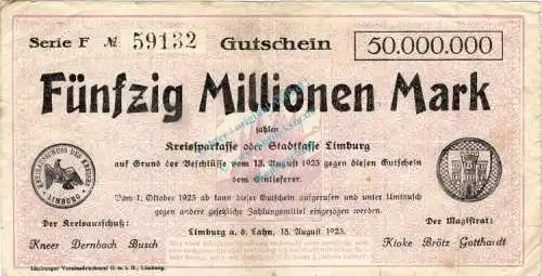 Limburg , Banknote 50 Million Mark Schein gbr. Keller 3278.e , Hessen 1923 Inflation