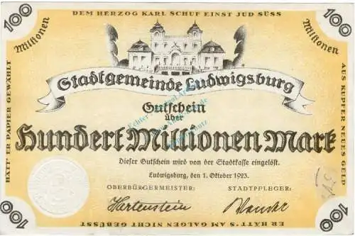 Ludwigsburg , Banknote 100 Millionen Mark Schein L-gbr. Keller 3327.a  , Württemberg 1923 Inflation