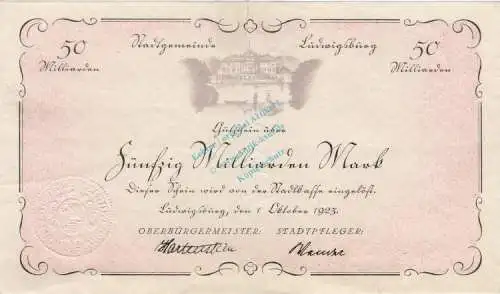 Ludwigsburg , Banknote 50 Milliarden Mark Schein L-gbr. Keller 3327.d  , Württemberg 1923 Inflation