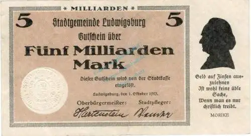 Ludwigsburg , Banknote 5 Milliarden Mark Schein gbr. Keller 3327.c , Württemberg 1923 Inflation