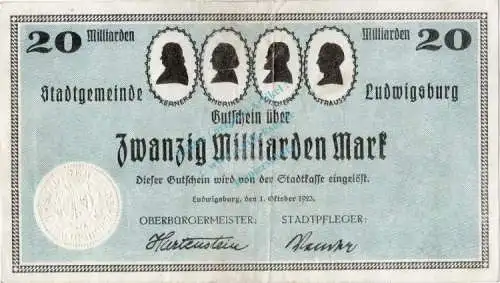 Ludwigsburg , Banknote 20 Milliarden Mark Schein gbr. Keller 3327.b , Württemberg 1923 Inflation