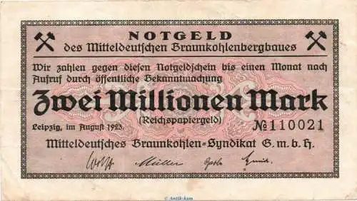 Banknote Braunkohle Syndikat Leipzig , 2 Millionen Mark in gbr. Keller 3086.a von 1923 , Sachsen Inflation