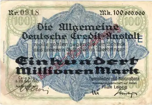 Leipzig , Banknote 100 Millionen Mark Schein gbr. Bühn 4112.6 , Sachsen 1923 Inflation