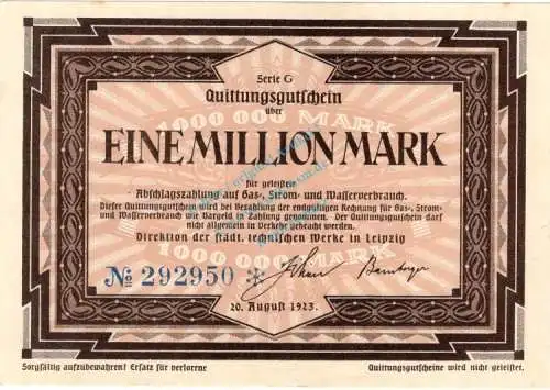 Leipzig , Banknote 1 Million Mark Schein unc-kfr. Bühn 4150.18 , Sachsen 1923 Inflation