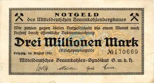 Leipzig , Banknote 3 Millionen Mark Schein gbr. Keller 3086... Sachsen 1923 Inflation