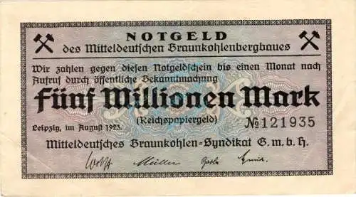 Leipzig , Banknote 5 Millionen Mark Schein gbr. Keller 3086... Sachsen 1923 Inflation