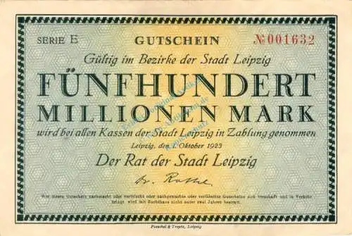 Leipzig , Banknote 500 Millionen Mark Schein gbr. Keller 2986.b , Sachsen 1923 Inflation