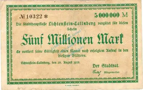 Lichtenstein , Banknote 5 Millionen Mark Schein gbr. Keller 3250.b  , Sachsen 1923 Inflation