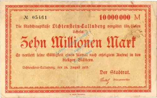 Lichtenstein , Banknote 10 Millionen Mark Schein gbr. Keller 3250.b  , Sachsen 1923 Inflation