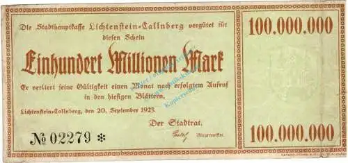 Lichtenstein , Banknote 100 Millionen Mark Schein gbr. Keller 3250.e  , Sachsen 1923 Inflation