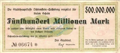 Lichtenstein , Banknote 500 Millionen Mark Schein gbr. Keller 3250.f  , Sachsen 1923 Inflation