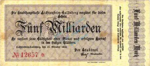 Lichtenstein , Banknote 5 Milliarden Mark Schein gbr. Keller 3250.h  , Sachsen 1923 Inflation