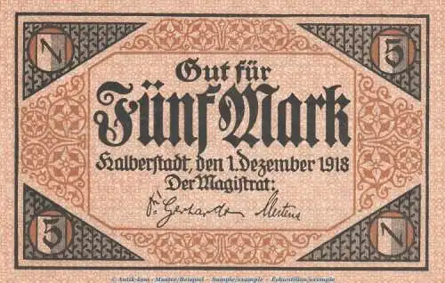 Notgeld Stadt Halberstadt , 5 Mark Schein in kfr. Geiger 209.01 von 1918 , Sachsen Grossnotgeld