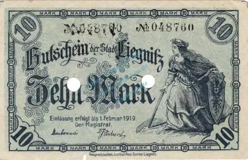 Liegnitz , Banknote 10 Mark Schein gbr.E Geiger 318.02.b , Schlesien 1918 Grossnotgeld