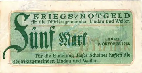 Lindau , Banknote 5 Mark Schein gbr. Geiger 322.01 , Bayern 1918 Grossnotgeld