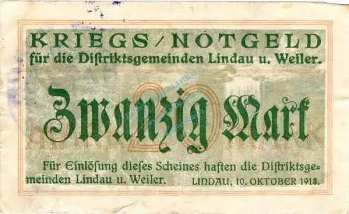 Lindau , Banknote 20 Mark Schein gbr. Geiger 322.02 , Bayern 1918 Grossnotgeld