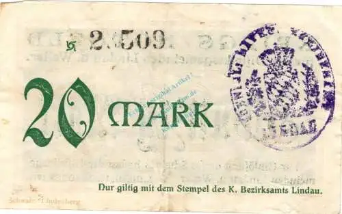 Lindau , Banknote 20 Mark Schein gbr. Geiger 322.02 , Bayern 1918 Grossnotgeld