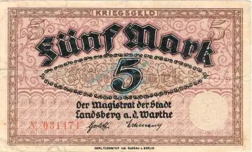 Landsberg , Banknote 5 Mark Schein gbr. Geiger 308.01 , Brandenburg o.D. Grossnotgeld