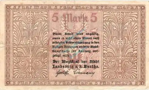 Landsberg , Banknote 5 Mark Schein gbr. Geiger 308.01 , Brandenburg o.D. Grossnotgeld