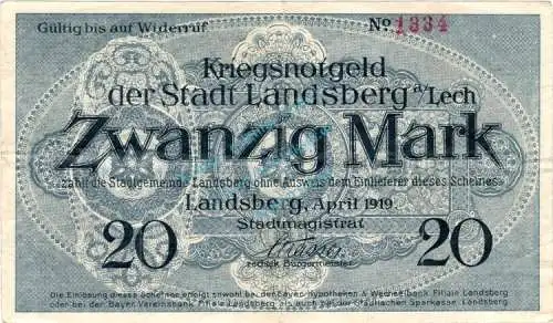 Landsberg , Banknote 20 Mark Schein gbr. Geiger 307.02 , Bayern 1919 Grossnotgeld