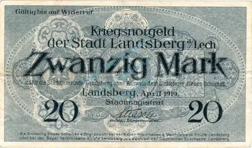 Landsberg , Banknote 20 Mark Schein gbr. Geiger 307.02 , Bayern 1919 Grossnotgeld