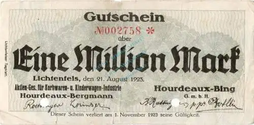 Lichtenfels , Banknote 1 Million Mark Schein Gbr.E Keller 3246.b , Bayern 1923 Inflation