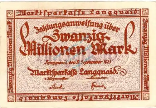 Langquaid , Banknote 20 Millionen Mark Schein unc-kfr. Keller 2913.e , Bayern 1923 Inflation