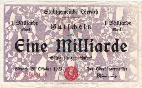 Lörrach , Banknote 1 Milliarde Mark Schein gbr. Keller 3311.k , Baden 1923 Inflation