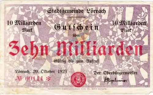 Lörrach , Banknote 10 Milliarden Mark Schein gbr. Keller 3311.k , Baden 1923 Inflation