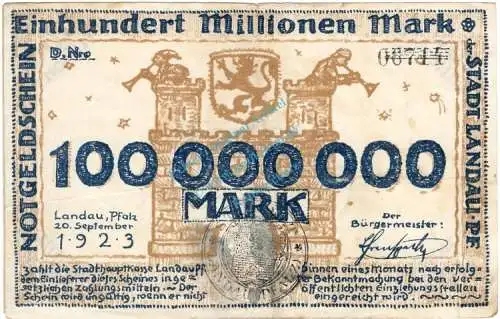 Landau , Banknote 100 Millionen Mark Schein gbr. Keller 2878.f , Baden 1923 Inflation