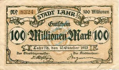 Lahr , Banknote 100 Millionen Mark Schein gbr. Keller 2866.f , Baden 1923 Inflation