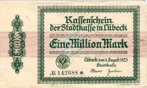 Lübeck , Banknote 1 Million Mark Schein gbr. Keller 3335.c , Schleswig Holstein 1923 Inflation