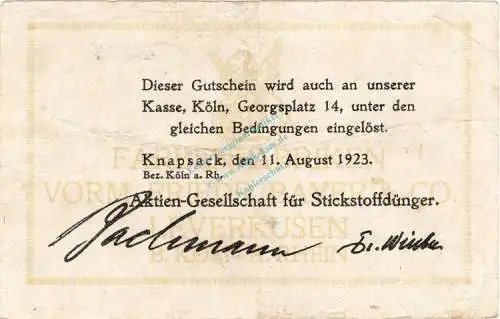 Knapsack , Banknote 1 Million Mark Schein gbr. Keller 2682 , Rheinland 1923 Inflation