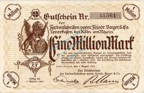 Knapsack , Banknote 1 Million Mark Schein gbr. Keller 2682 , Rheinland 1923 Inflation