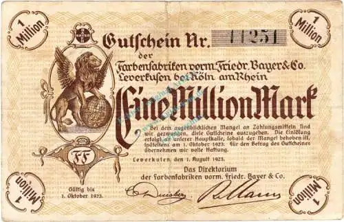 Leverkusen , Banknote 1 Million Mark Schein gbr. Keller 3242.d , Rheinland 1923 Inflation